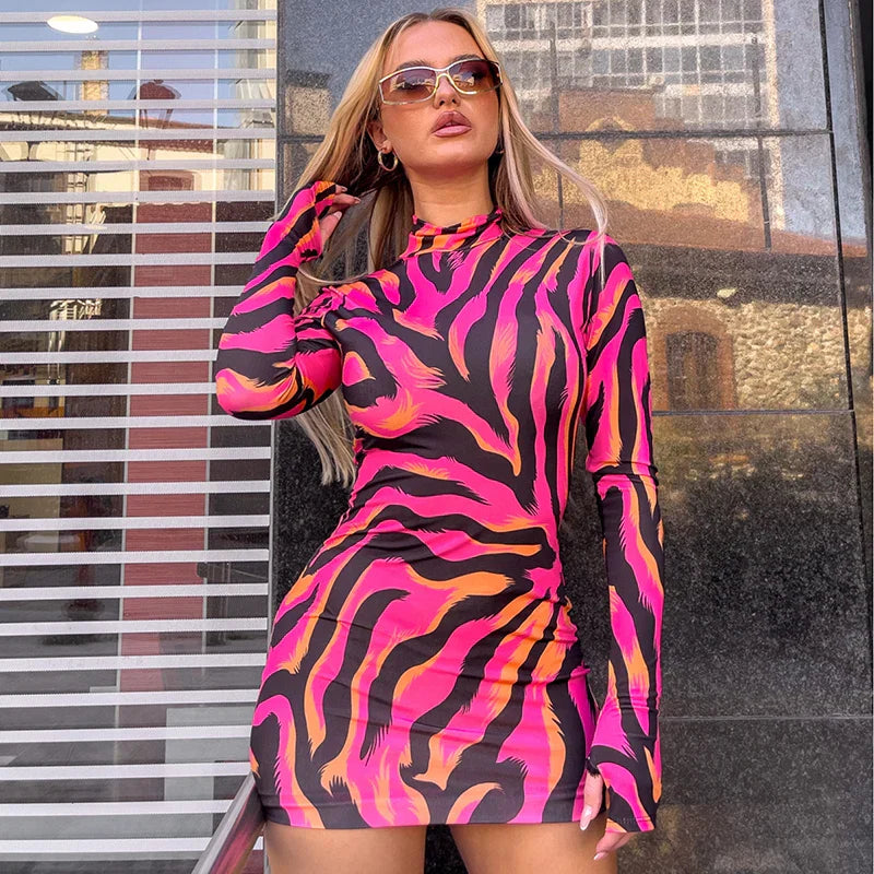 Print Zebra Long Sleeve Wrap Mini Dress