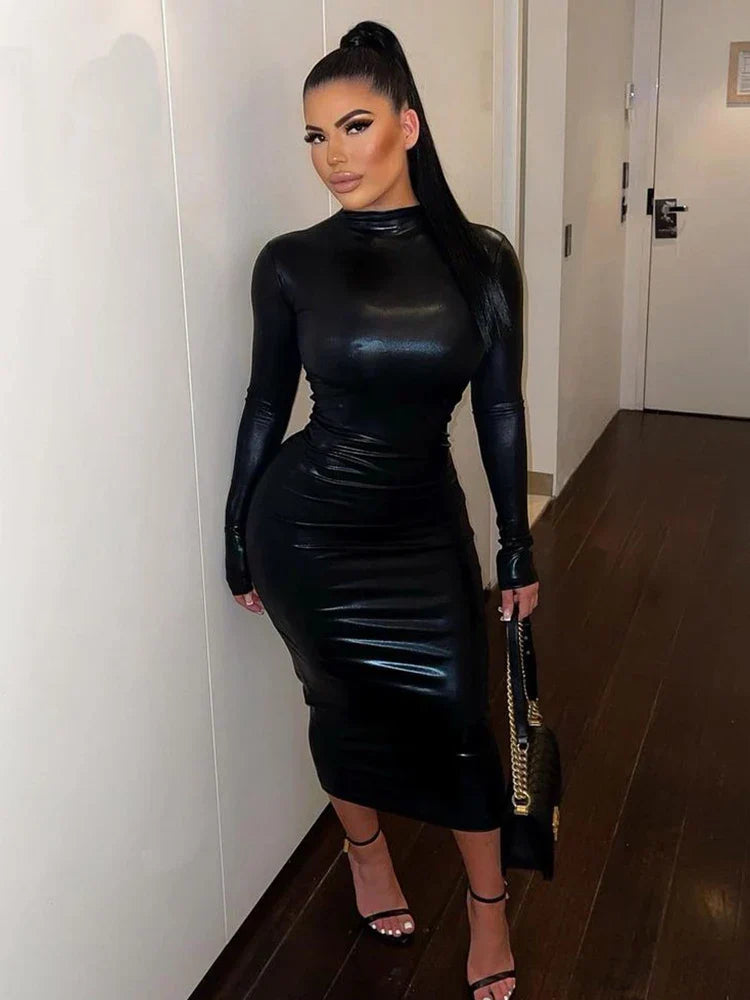 Leather Faux Turtleneck Slim Midi Dress