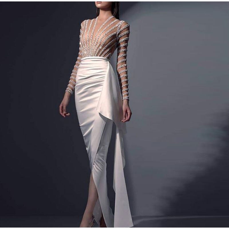 Kissnovaa - Splic Sequins Lace Embroidery Irregular Maxi Dress