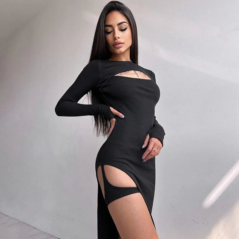 Split Hollow Knit Y2K Midi Dress