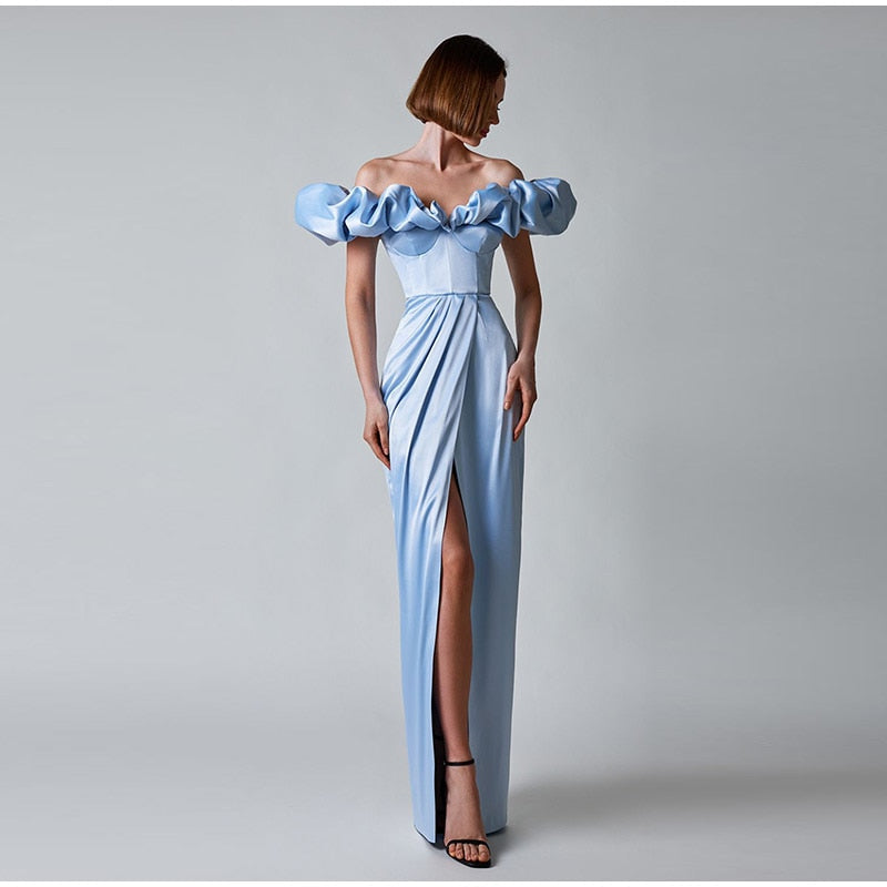 Kissnovaa - One-Shoulder Puff Sleeve Wrap Chest Slit Long Dress