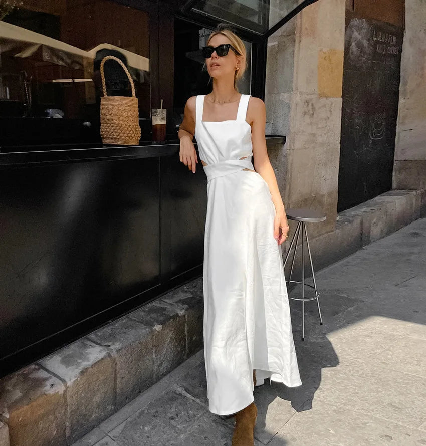Summer White Refined Midi Dress Women Chic Sleeveless Waist Hollow Out Long Dresses Streetwear Fashion Lace up Vestidos