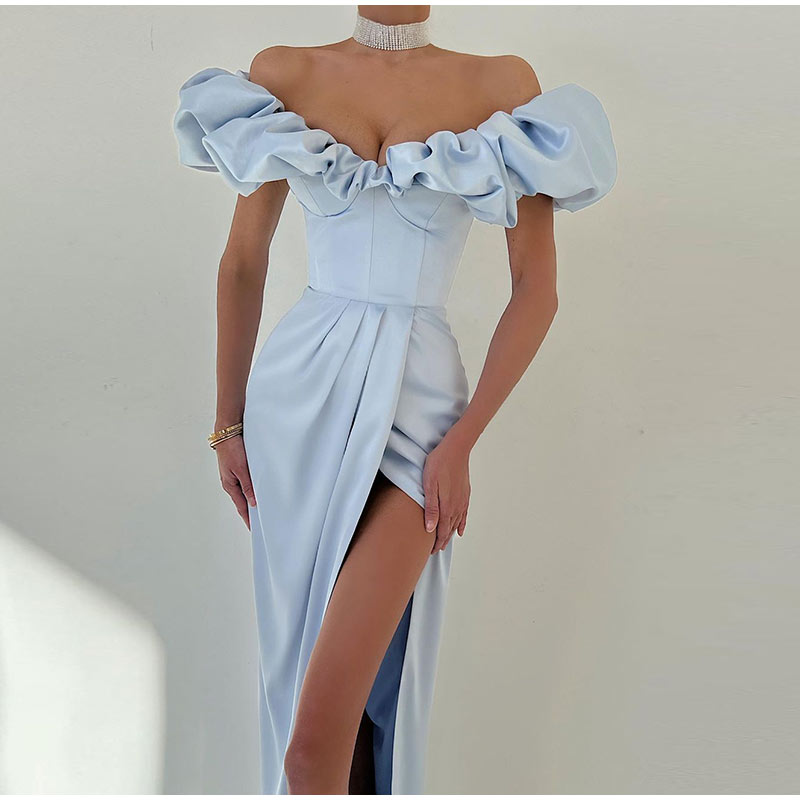 Kissnovaa - One-Shoulder Puff Sleeve Wrap Chest Slit Long Dress