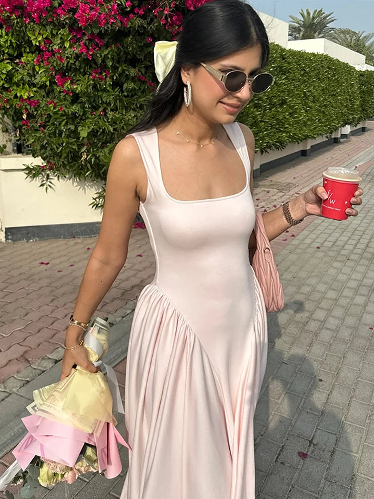 Pleated Solid Square Neck Midi Dress
