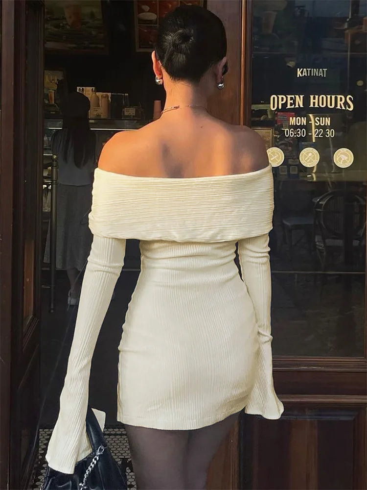 Backless Lace Up Slim MIni Dress Women's Refined Ribbed Long Sleeve Off Shoulder Summer 2024 Dress Female Party Dress