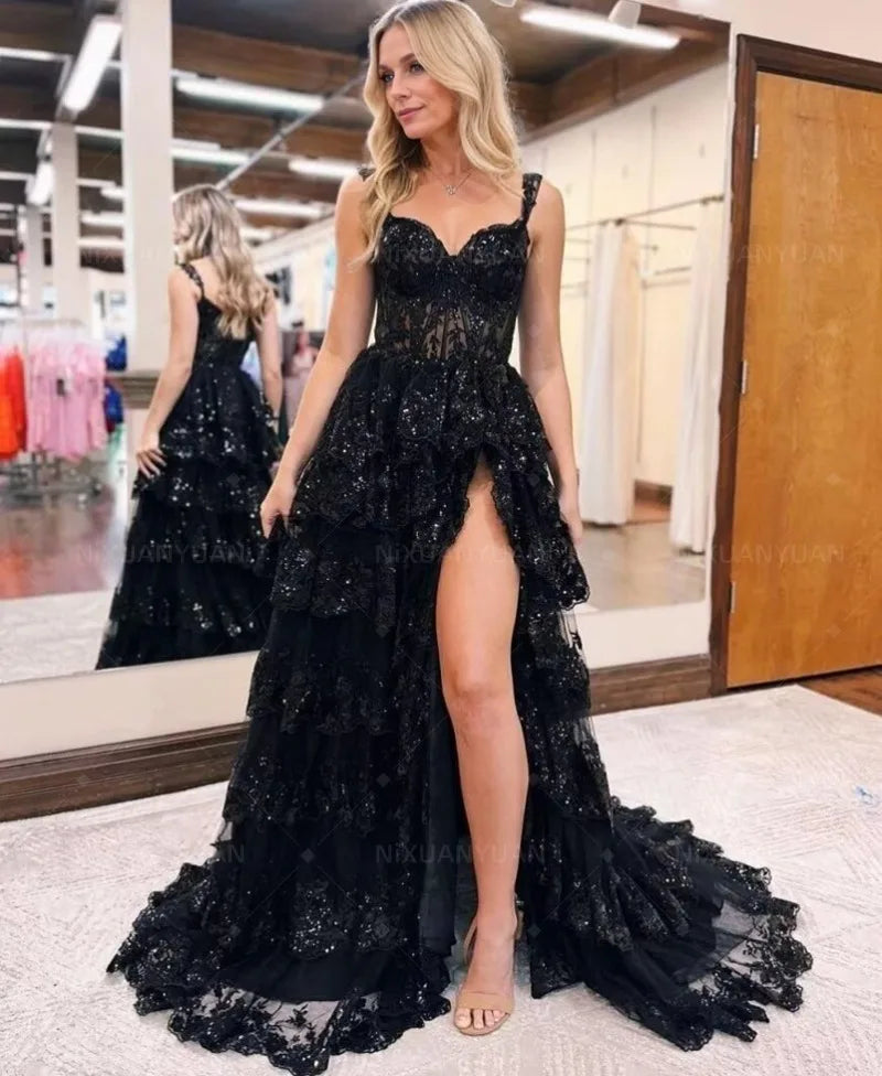 Tiered Shiny Lace Prom Dress