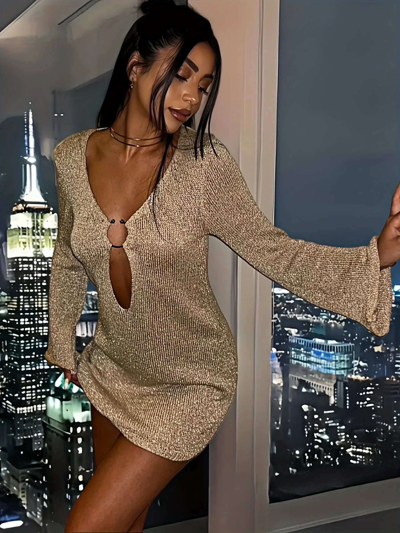 Flared Knitted Sleeve V Neck Mini Dress