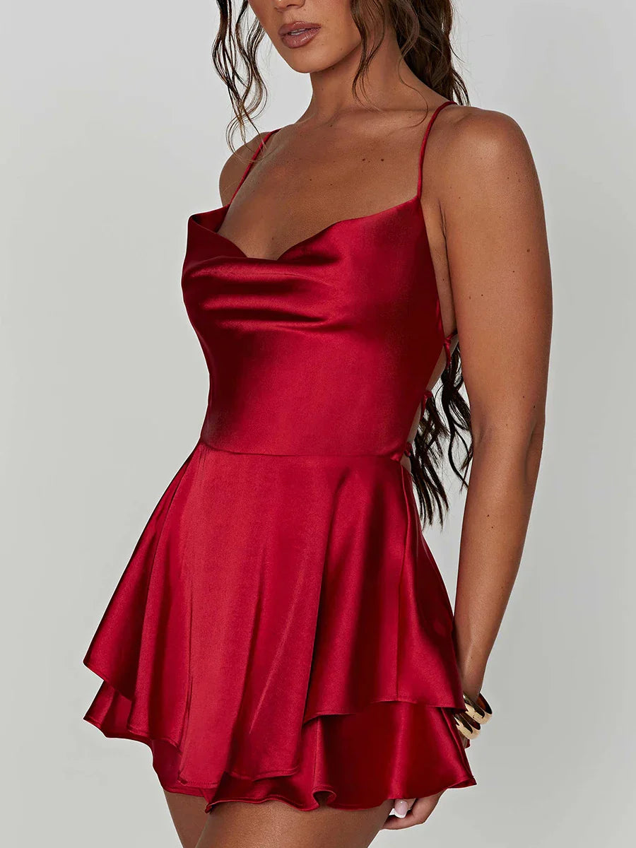 Cowl Satin Neck Tie Back Romper Mini Dress