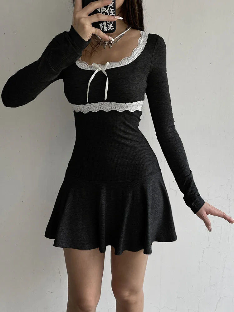 Lace Patchwork Square Neck Mini Dress