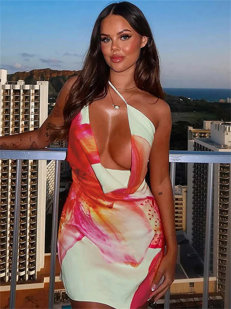 One Printed Shoulder V Neck Mini Dress
