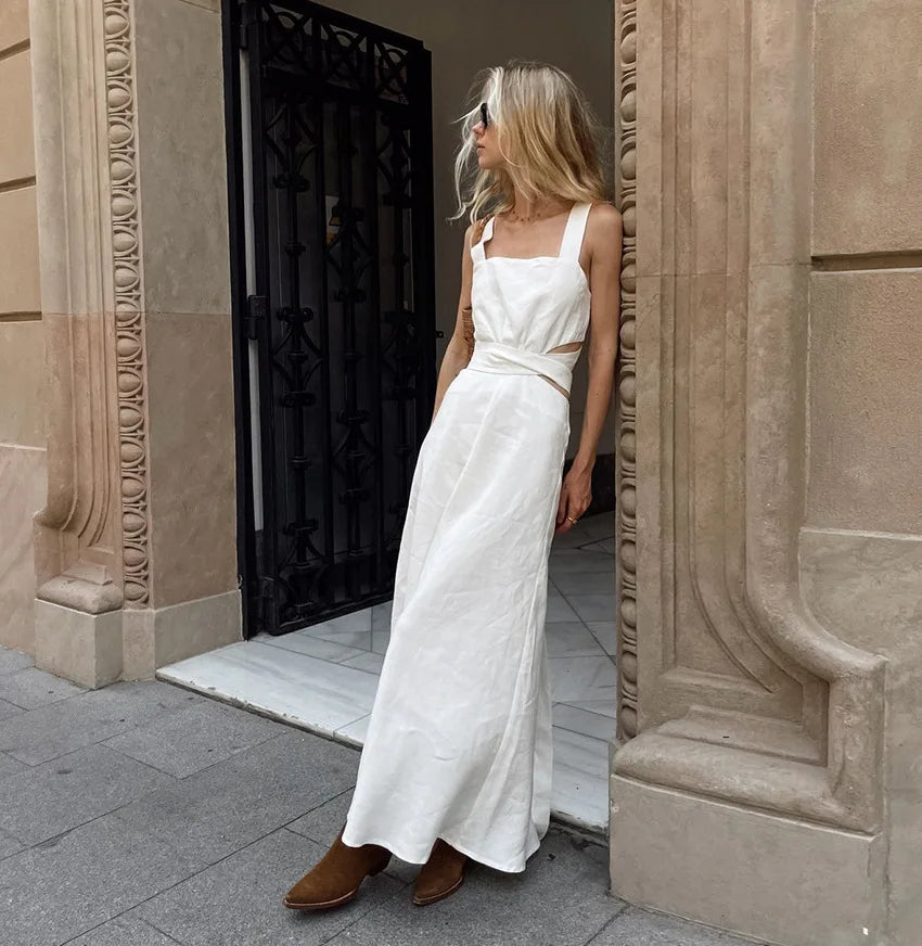 Summer White Refined Midi Dress Women Chic Sleeveless Waist Hollow Out Long Dresses Streetwear Fashion Lace up Vestidos