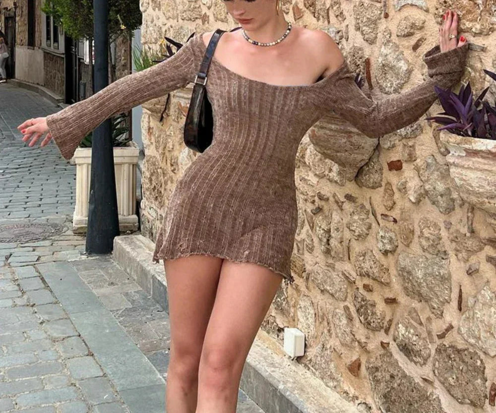 Sexy Autumn Long Sleeve Dresses Classic Brown Y2k Mini Dress Women's Clothing Outfit Solid Bodycon Short Streetwear Clothes