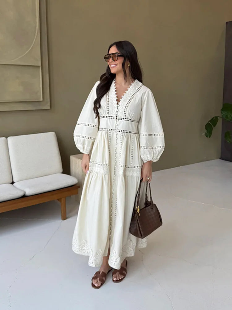 Lace Hollow Vneck Patchwork Maxi Midi Dress