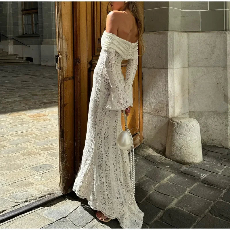 Sexy Hollow Out Lace Maxi Dress Female Backless See Through Slim Lace Up Bandeau Dress Women's White Deluxe Long Dress