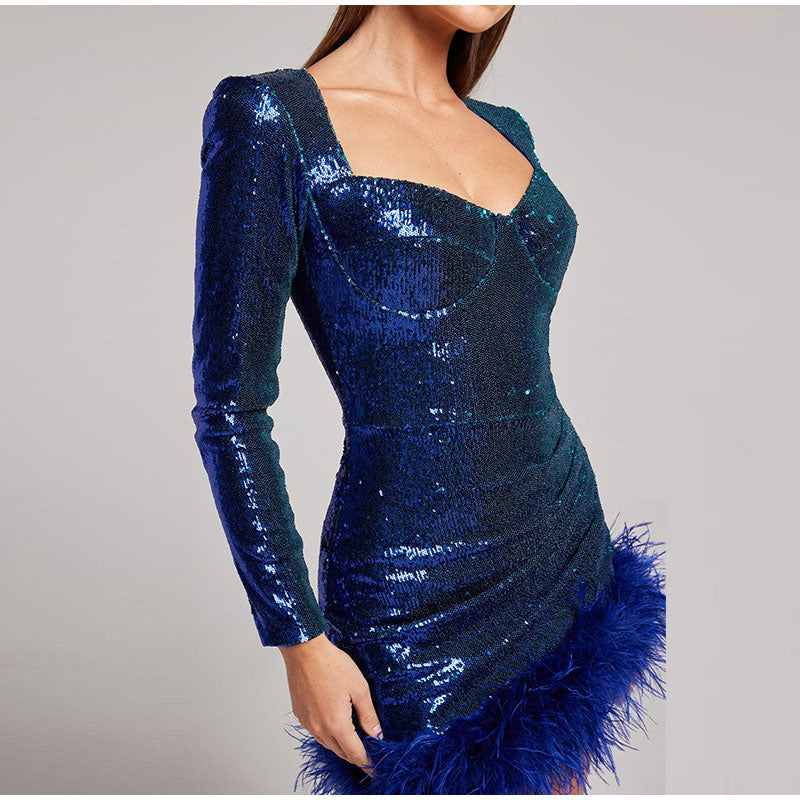 Kissnovaa - Sexy Sequined Feather Square Collar Bodycon Dress