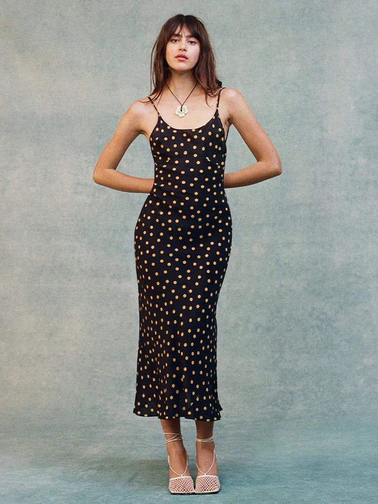 Print Dot Spaghetti Midi Dress