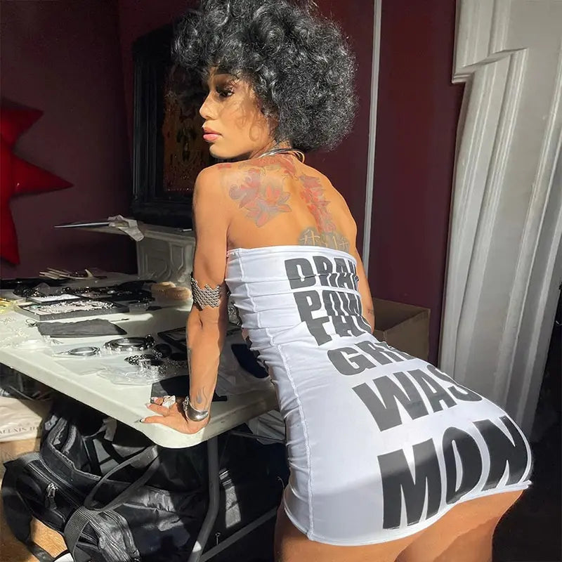 Print Letter Strapless Hip Club Mini Dress