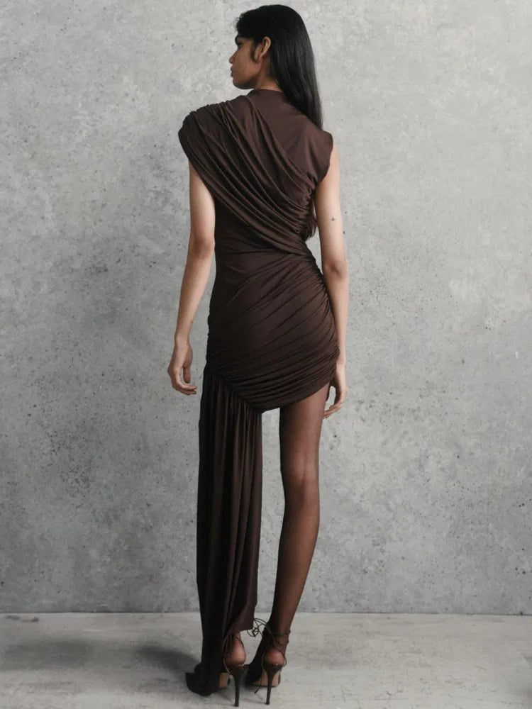 Ruched Draped Turtleneck Pleated Mini Dress
