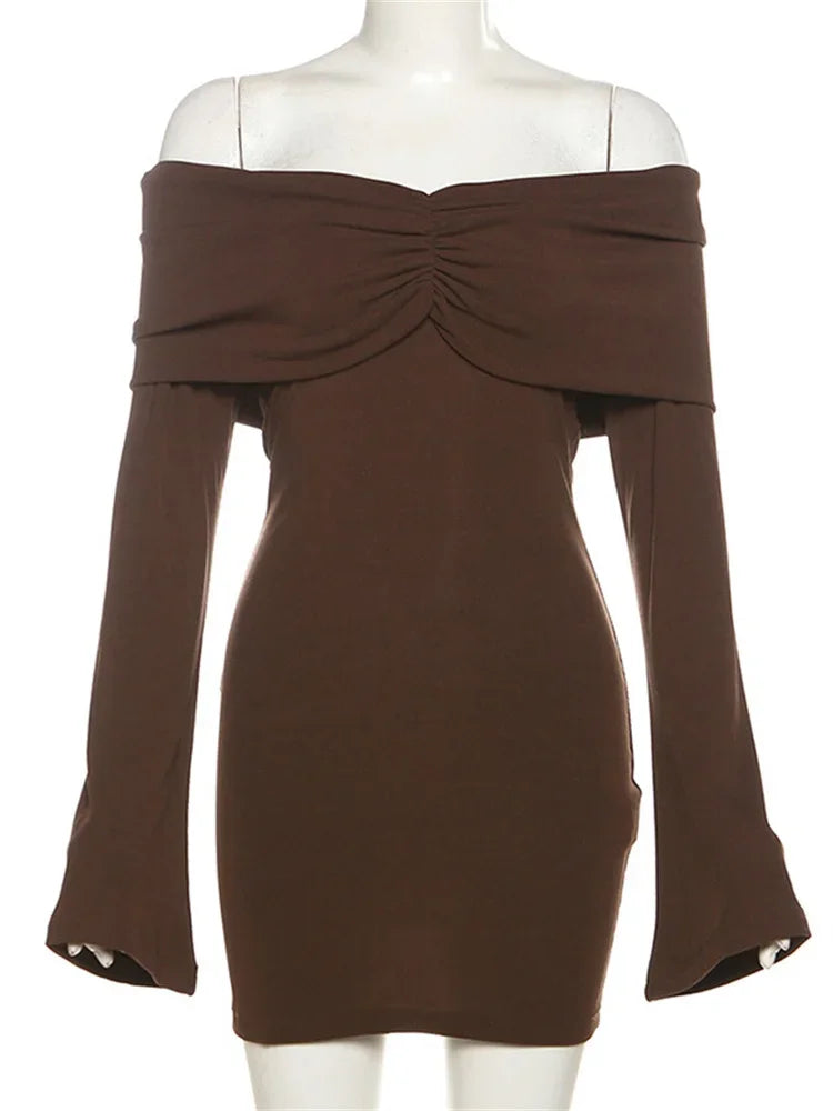 Timeless Pleated Slim Mini Dress Women Off Shoulder Fashion Long Sleeve Patchwork Party Dress Female Solid Backless Drerss