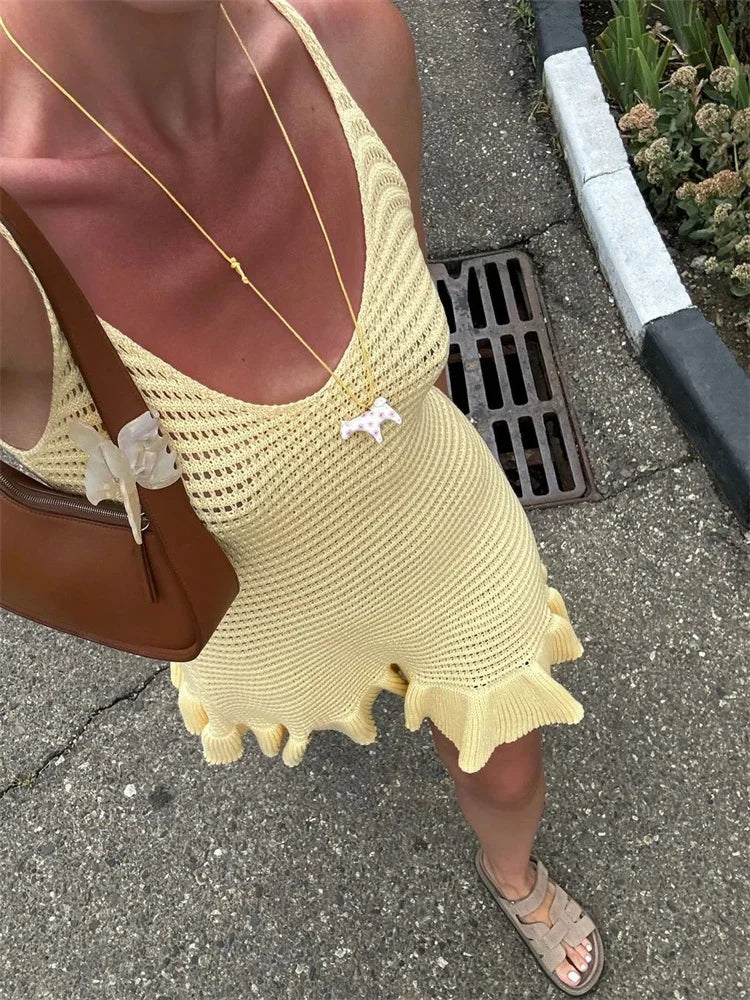 Ruffle Knit Hollow SeeThrough Mini Dress