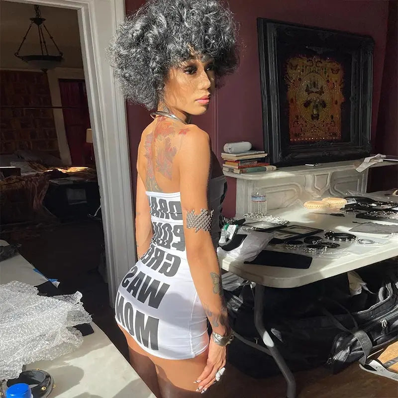Print Letter Strapless Hip Club Mini Dress