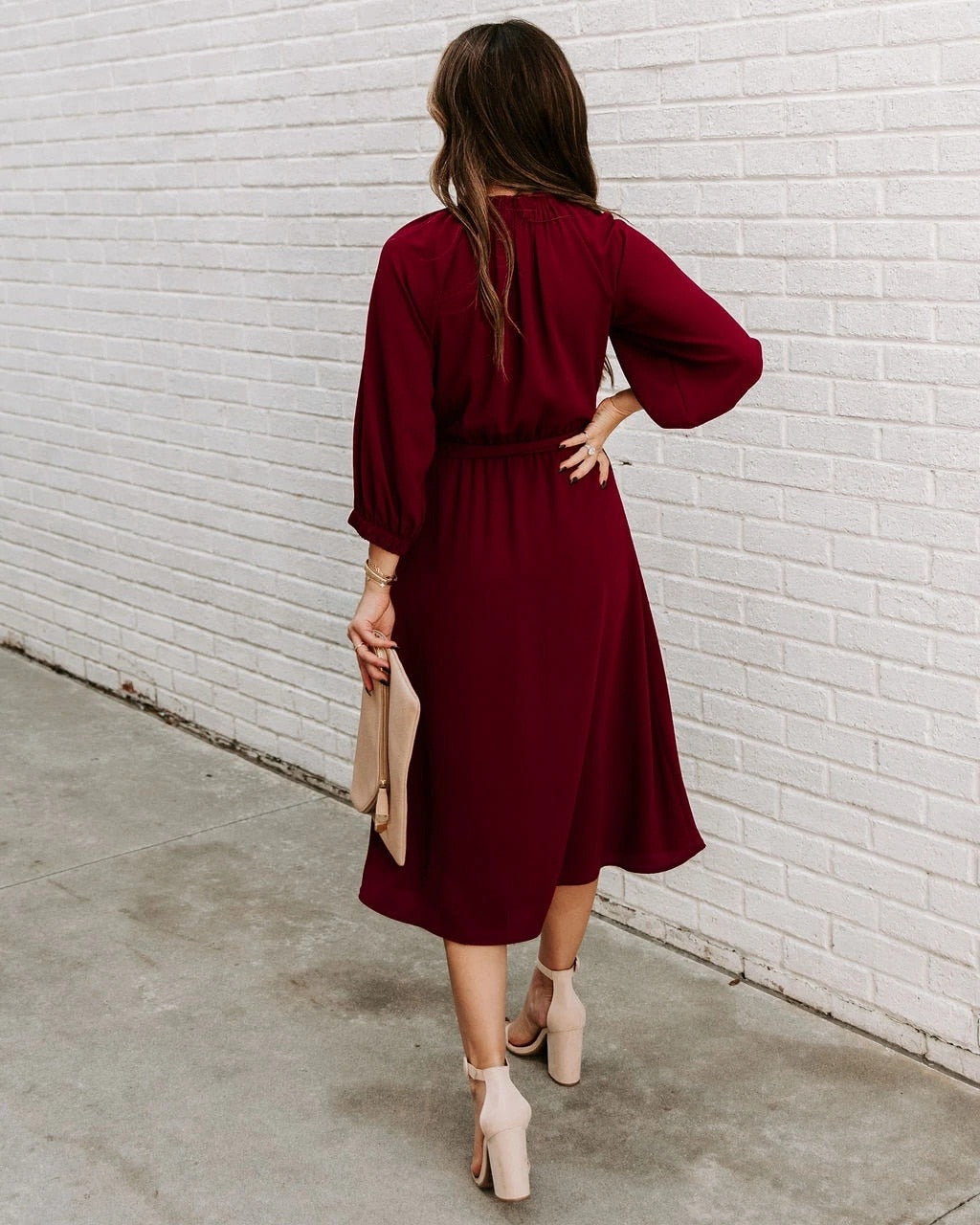 Refined Office Dress Formal Loose Green Long Sleeve Belt ALine Midi Dresses