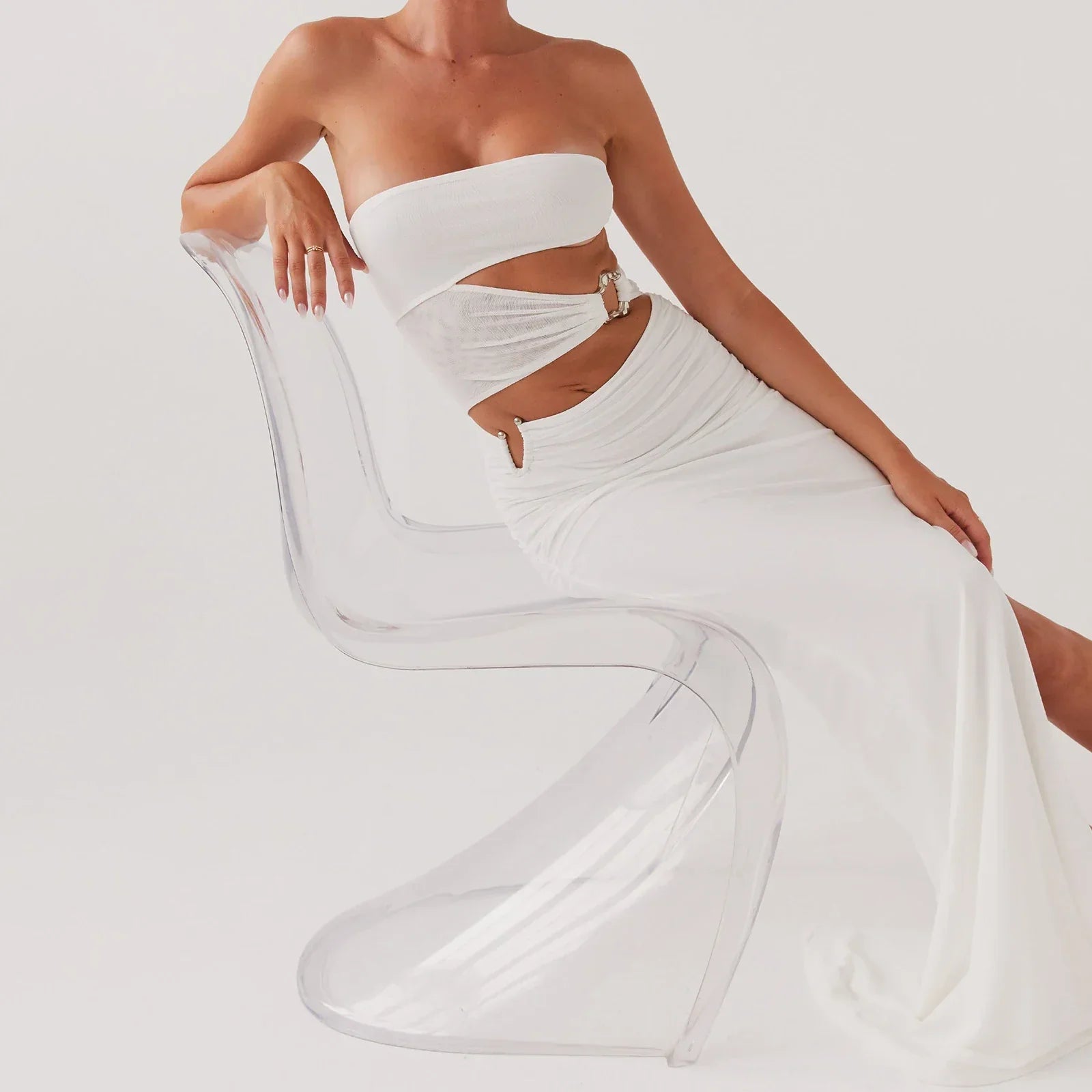 Strapless Hollow Metal Slit Midi Dress