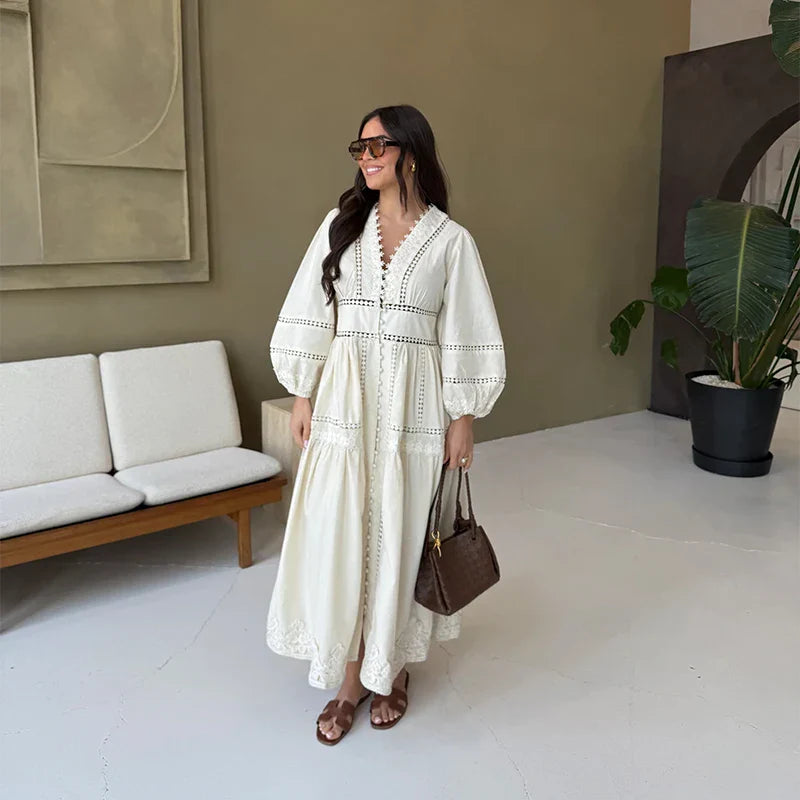 Lace Hollow Vneck Patchwork Maxi Midi Dress