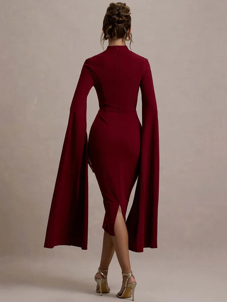 Long Cape Sleeve Back Slit Midi Dress