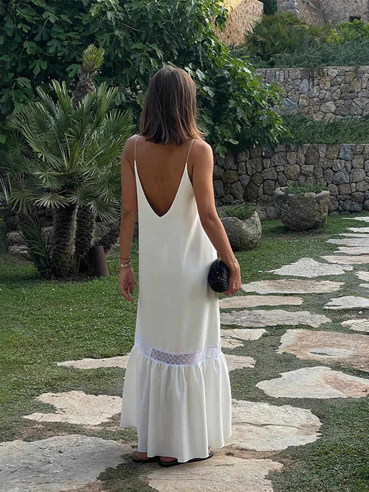 White Edition Satin Mesh Backless Maxi Dress