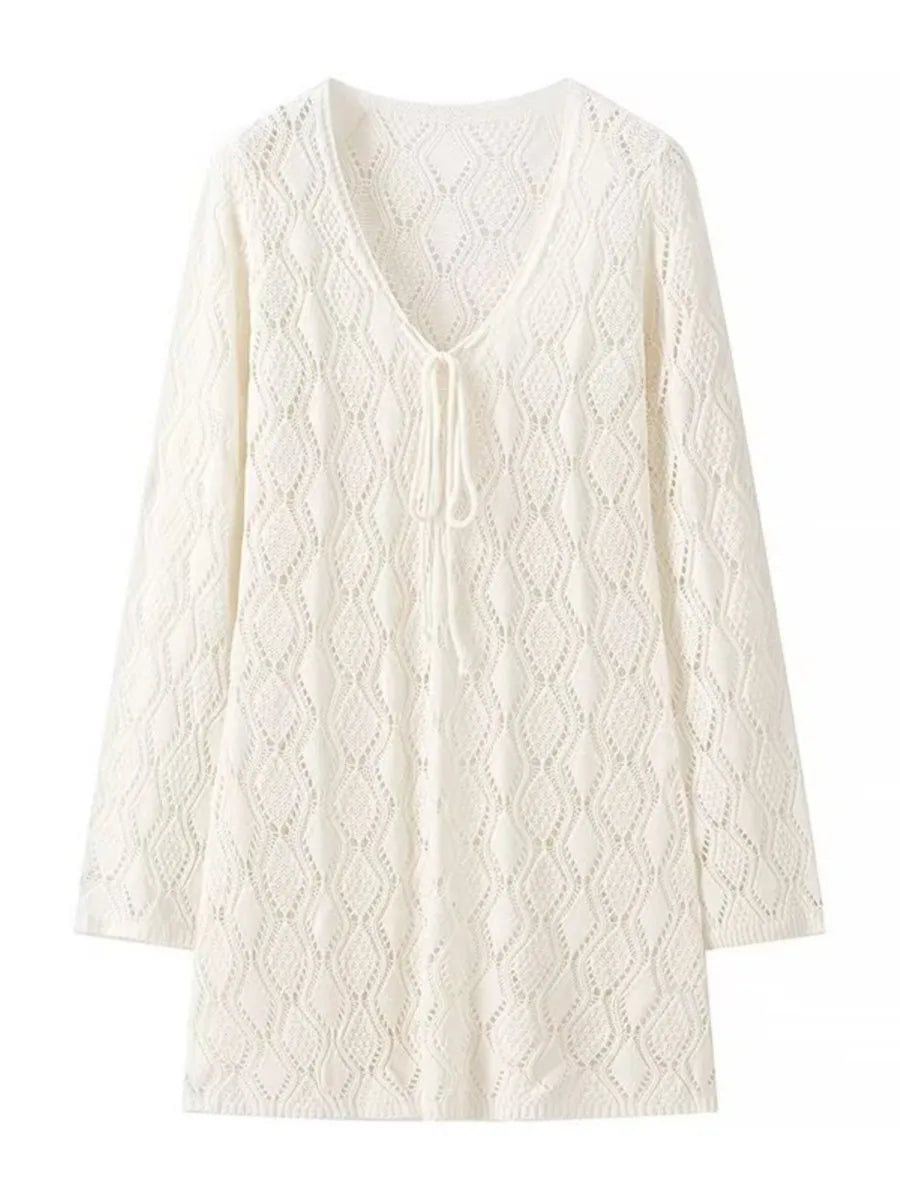 Solid Hollow Out Knitted Beach Dress Women V Neck Long Sleeve Lace up Vestidos Summer Alluring Fashion Holiday Mini Dresses