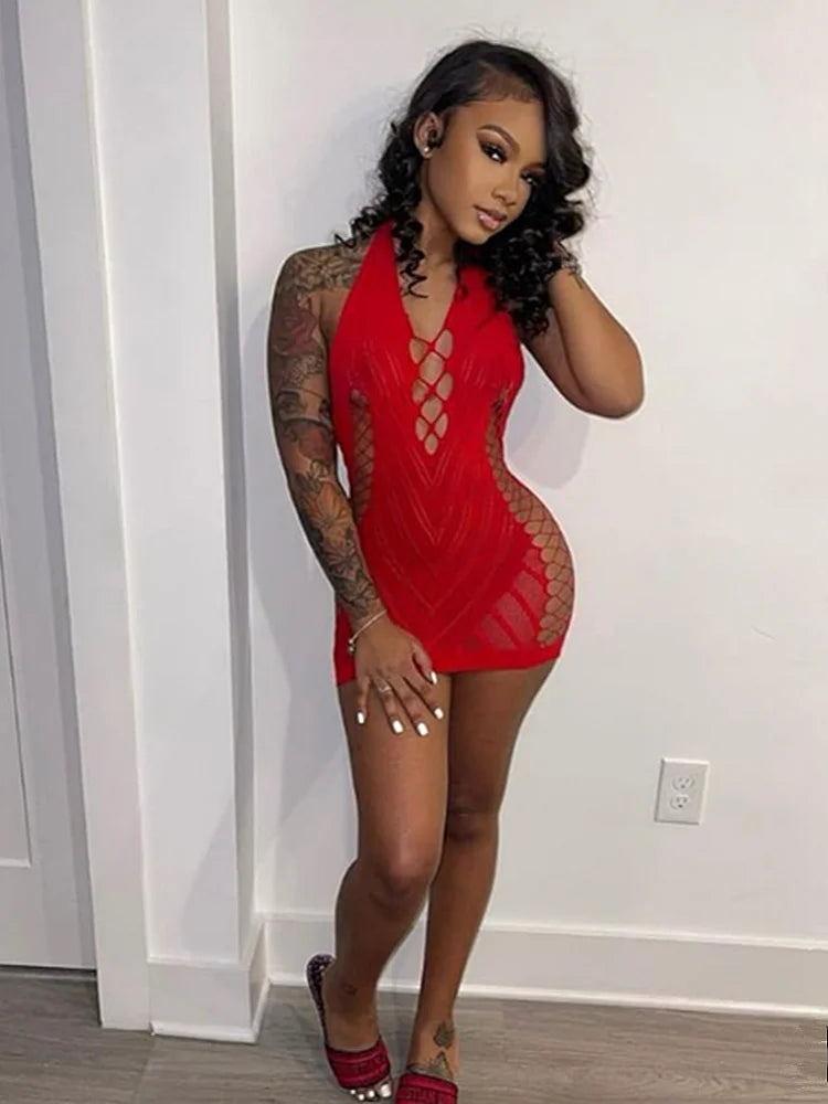 Lace Transparent Halter Backless Mini Dress