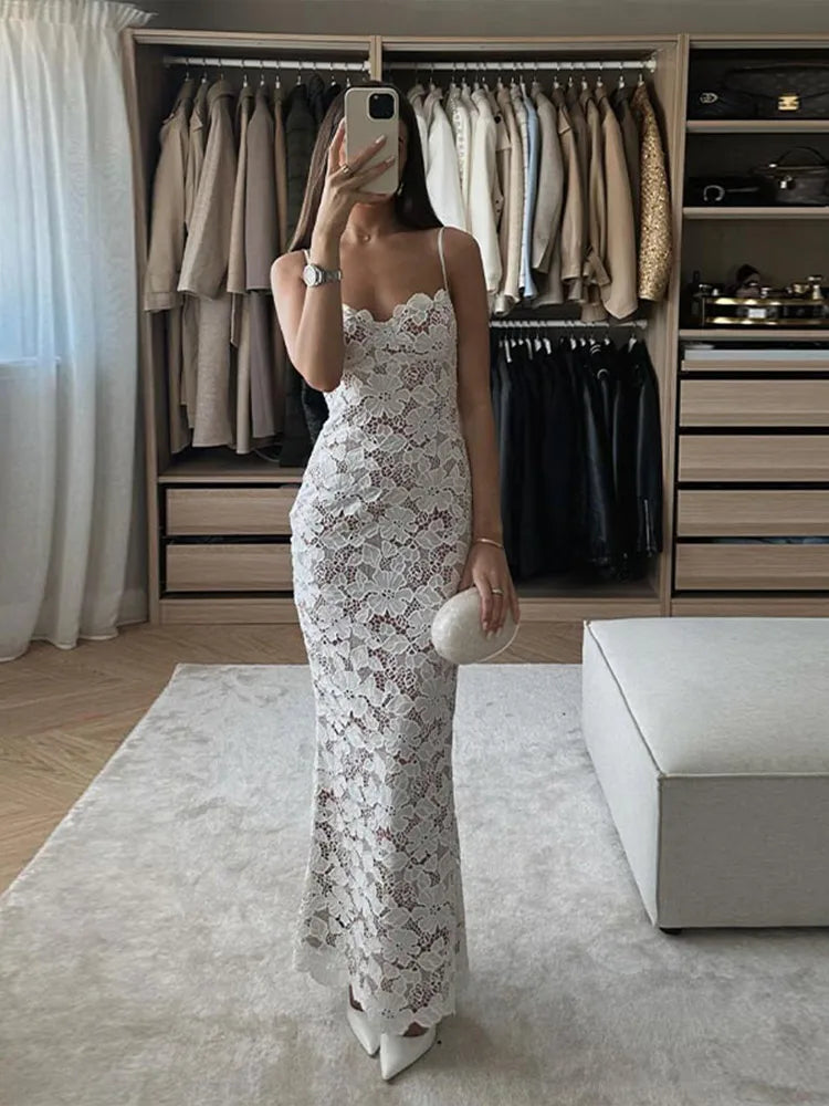 Sexy Solid Lace Hollow Out Women Sling Dress Graceful Backless Bandage Bodycon Maxi Dress Summer Lady Party Evening Robes 2024