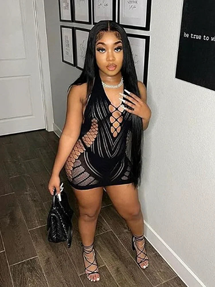 Lace Transparent Halter Backless Mini Dress