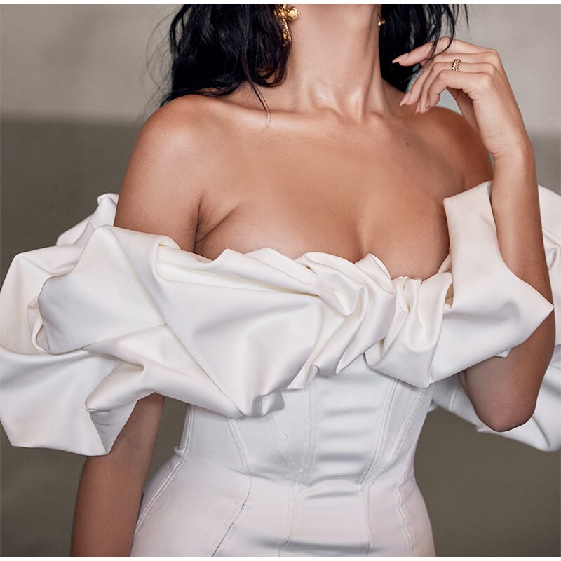 Kissnovaa - Solid Fishbone Off Shoulder Ruffled One-shoulder Mini Dress