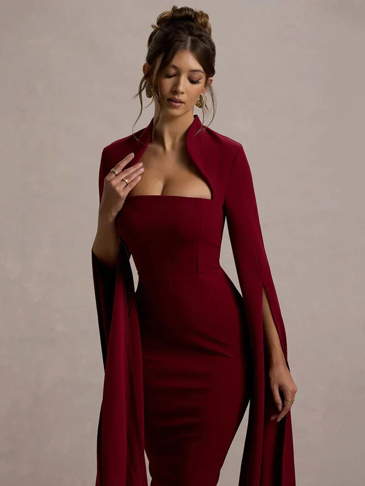 Long Cape Sleeve Back Slit Midi Dress