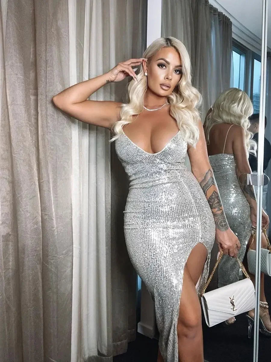 Deep Sequin V Split Bodycon Midi Dress