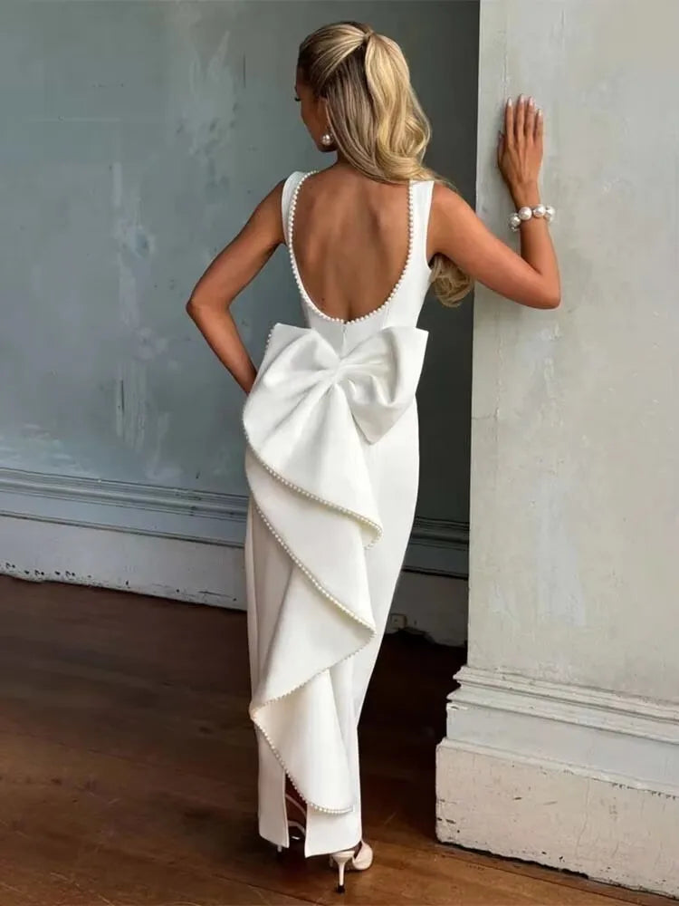 Bow Pearl Waist Wrap Backless Mini Dress