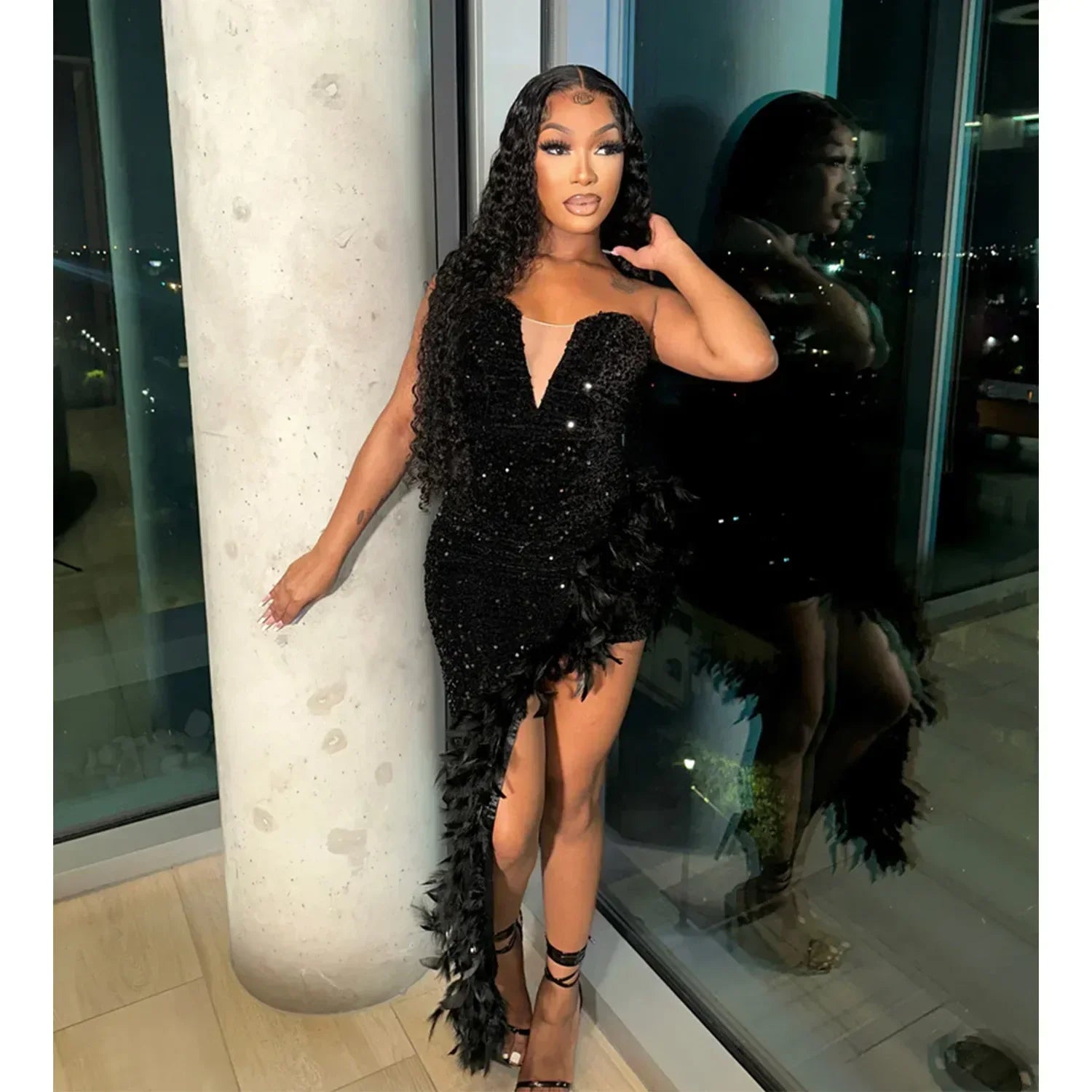 Feather Edition Mesh Sequin Split Maxi Party Dress