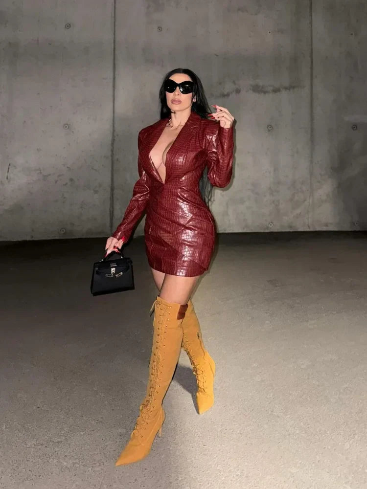 Women Attractive Deep V Red Lattice Leather Mini Dress Fashion Long Sleeve High Waist Fold Slim Dresses Lady Highstreet Short Robe