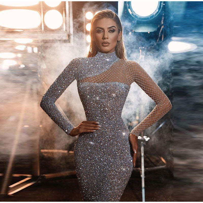 Kissnovaa - Sequins Glitter Solid Slim Half High Collar Long Sleeve Dress