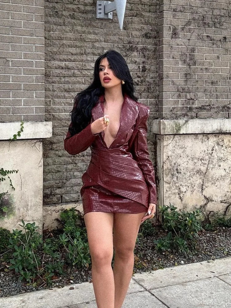 Women Attractive Deep V Red Lattice Leather Mini Dress Fashion Long Sleeve High Waist Fold Slim Dresses Lady Highstreet Short Robe
