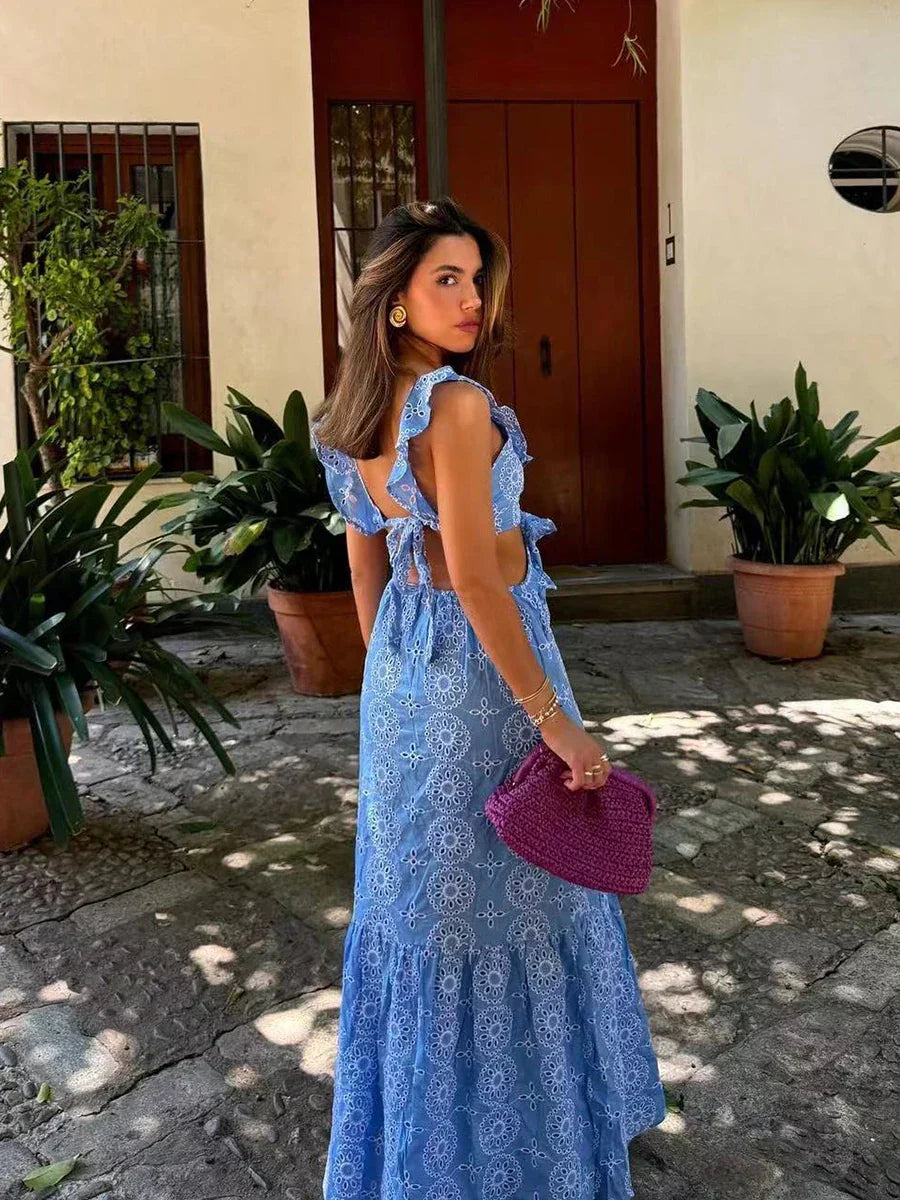 Blue Hollow Out Embroidered Midi Dress Women Summer V Neck Sleeveless Ruffle Long Dresses Refined Fashion Holiday Vestidos