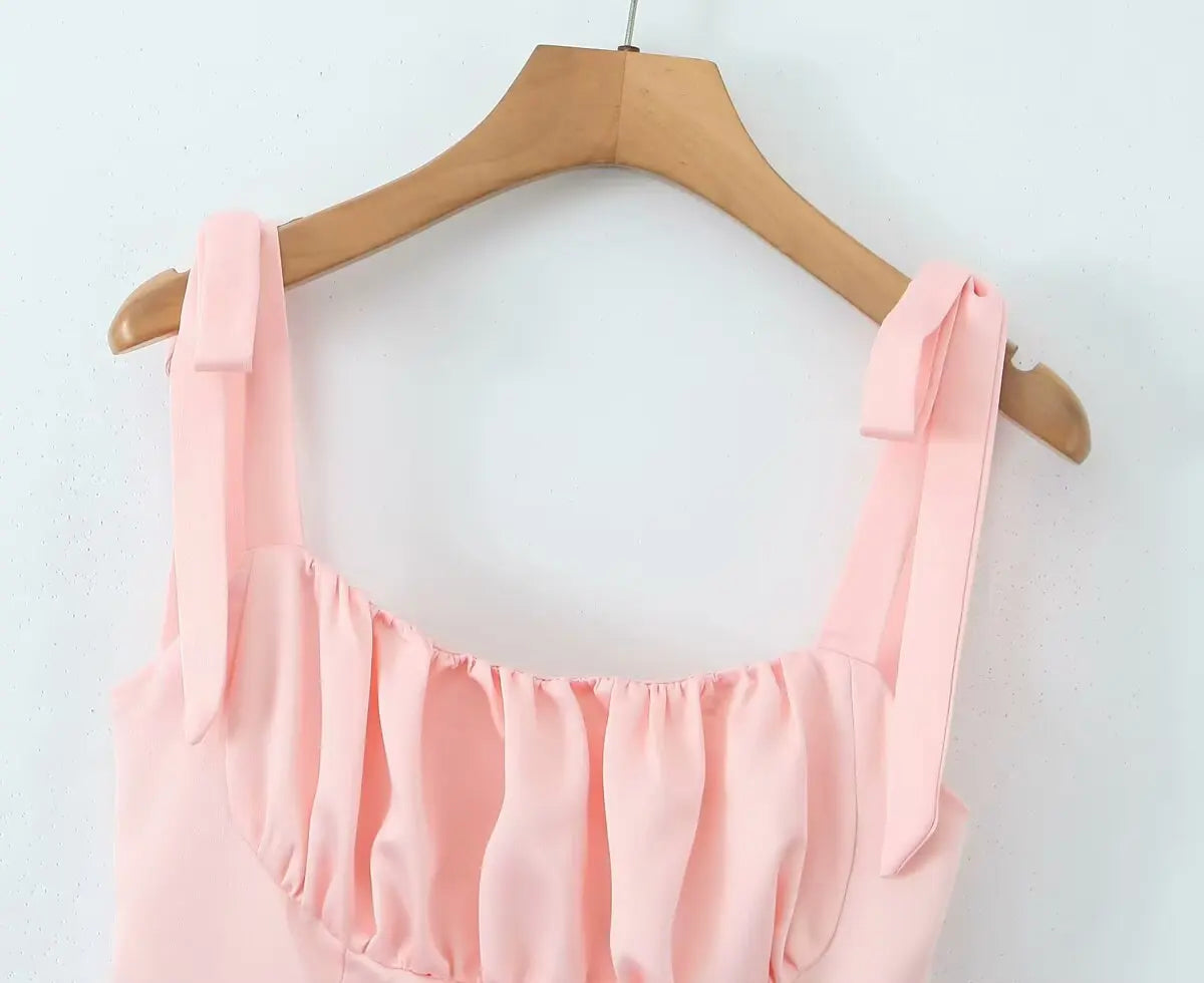 2025 Pleated Design Tie up Sleeveless Summer Dresses Women Solid Color Fitted Fit Mini Dress Simple Fashion Party Dress