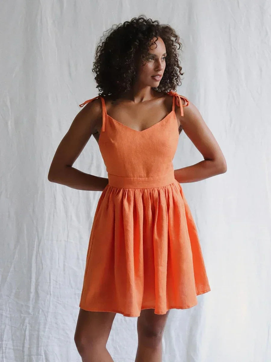 Neck V Spaghetti Strap Cotton Mini Dress