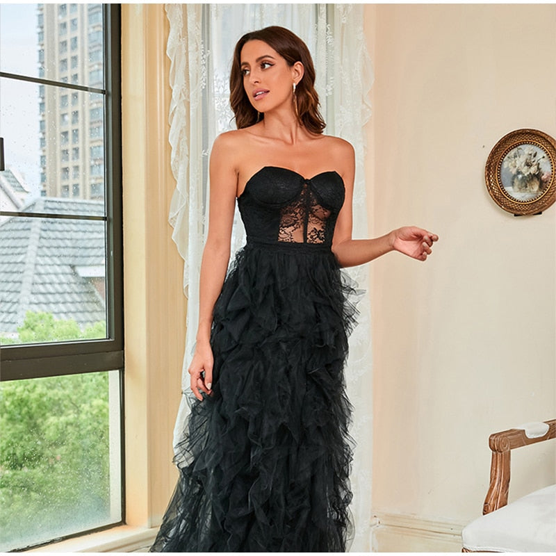 Kissnovaa - Lace Mesh Off Shoulder High Waist Evening Dress