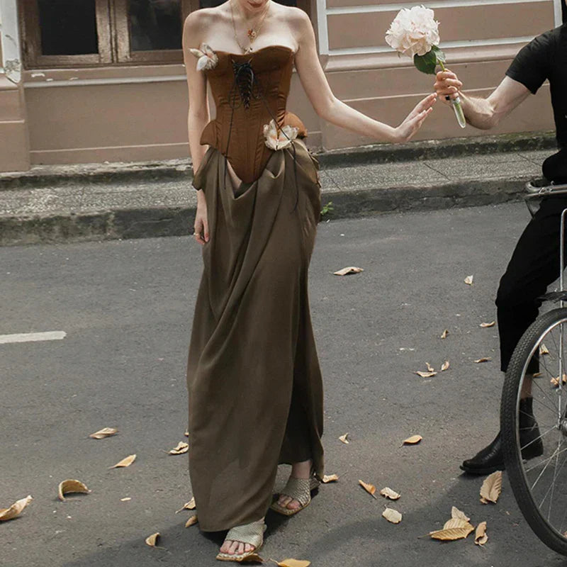 Sexy Women Butterfly Detail Strapless Long Dress Aesthetic Chic Detachable Corset Top Vintage Graceful Maxi Dresses