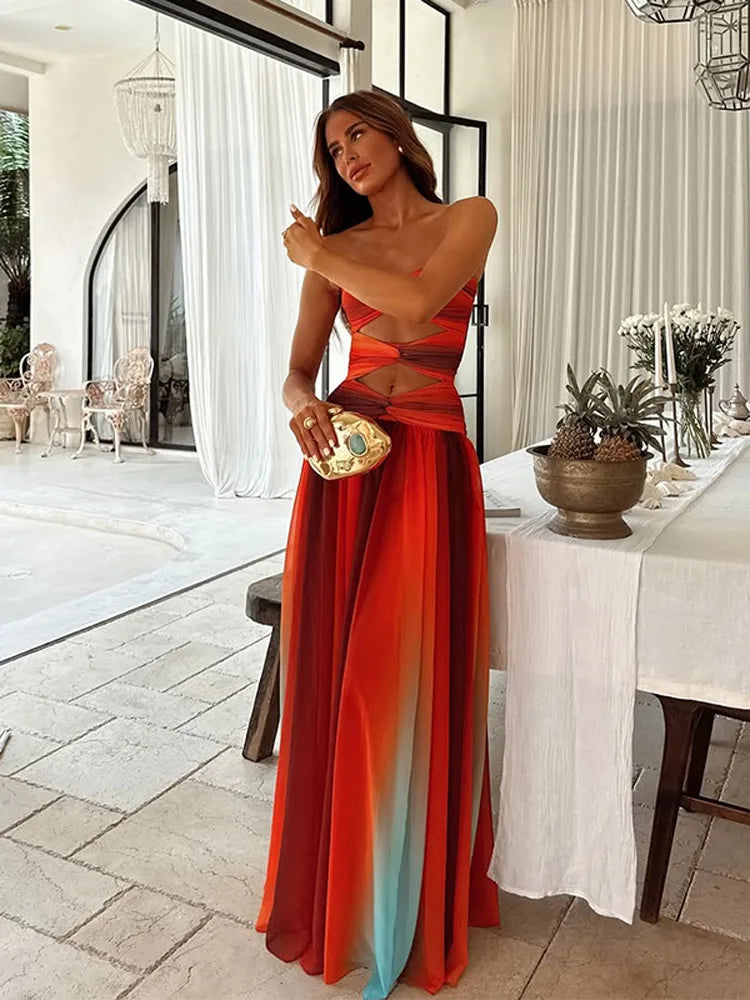 Pleated Gradient Hollow Strap Midi Dress