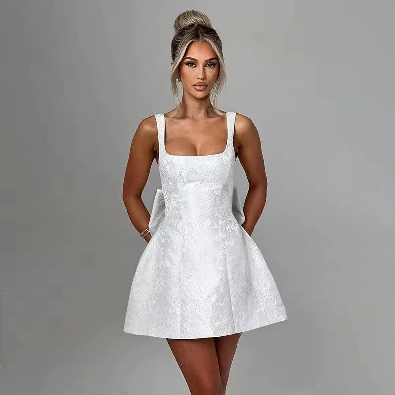 Bow Jacquard Strapless Backless Mini Dress