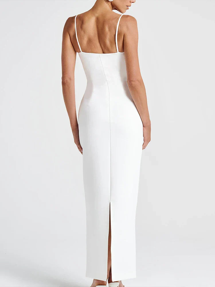 Pearl Slit Strap Patchwork Midi Dress